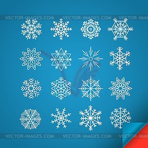 Different white snowflakes set on blue. Design - vector image