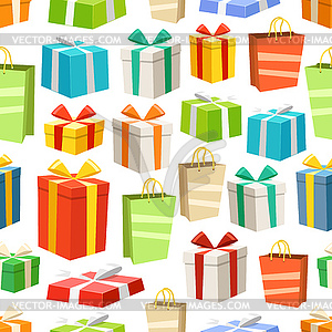 Different color gift boxes seamless pattern. - vector clip art