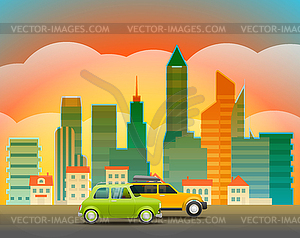 Cityscape with glass pin. City trafic - vector image