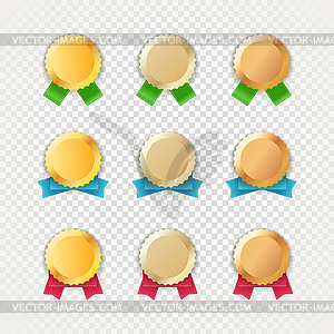 Different metal medals with color ribbons on - vector image