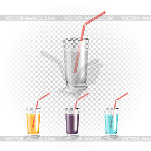 Different drinks on transparent glass set - vector image