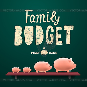 Family budget. Piggy money-boxes on shelf - vector clipart