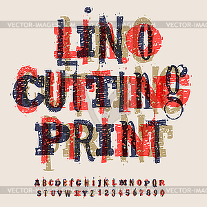 Linocut letters and numbers, artistic alphabet - vector image