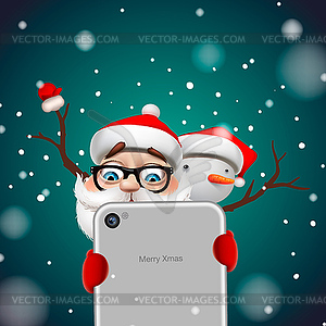 Christmas card with Santa Claus and snowman - vector clipart