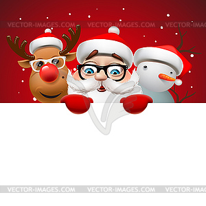 Рождественская открытка с Санта-Клауса, оленей и снеговик - иллюстрация в векторном формате