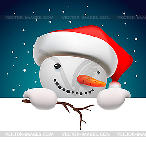 Cute funny snowman holding white page, greeting - vector clipart