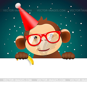 Cute monkey holding white page, Christmas card - vector clip art