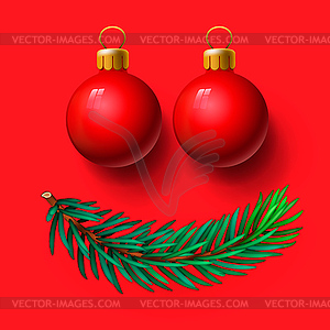 Red Christmas balls and fir twig - vector image