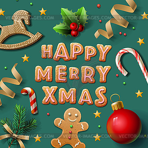 Merry Christmas greeting card with cookies - vector clipart