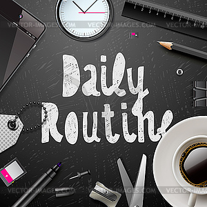 Daily routine, modern office supplies - vector image