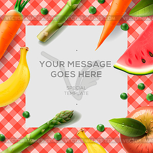 Fresh vegetables and fruits on tablecloth - color vector clipart