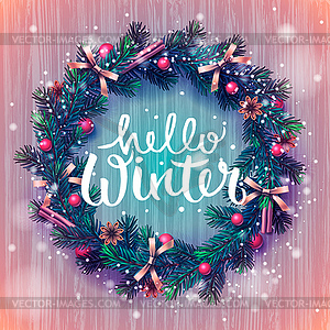 Hello winter background, Christmas wreath - vector image