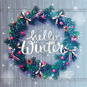 Hello winter background, Christmas wreath - vector image