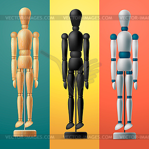 Artists wooden dummy on colorful background - vector clip art