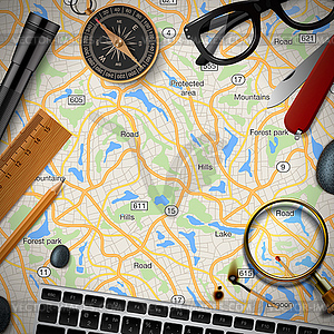 Colourful travel banner with map, keyboard, compas - vector clipart