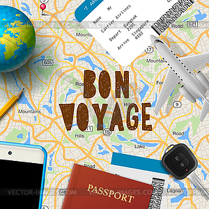 Bon voyage, planning vacation trip with map - vector image