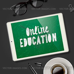 Online education concept, workspace with device - vector image