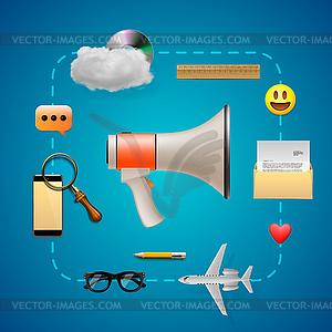 Цифровой маркетинг, инфографики и иконки спикер - векторное изображение