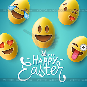 Happy Easter плакат, пасхальные яйца с лицами эмодзи - рисунок в векторе