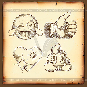 Set of emoticons,vintage gravure style, thumb up - vector image