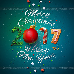 Merry Christmas and Happy New Year 2017 greeting - vector clipart