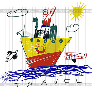 Travel and tourism concept. Cute boat children`s - vector image