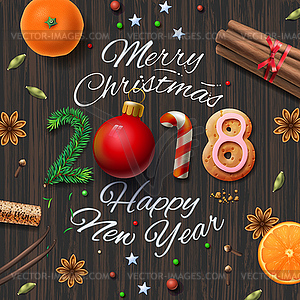 Merry Christmas, Happy New Year 2018, vintage - vector clipart