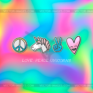 Cute emoji patches badge, love peace unicorn - vector clipart