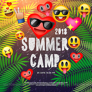 Плакат с тематическим летним лагерем с улыбкой улыбки эмози - векторный клипарт / векторное изображение