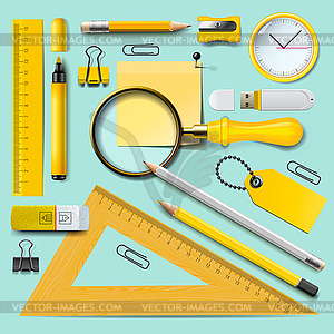 School supplies, yellow stationery accessories on - vector image