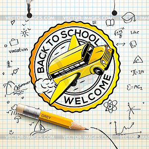 Добро пожаловать Назад в школу логотип, клетчатый лист бумаги - цветной векторный клипарт