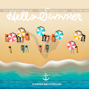 Hello summer poster, beach with waves, umbrellas, - vector image