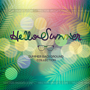 Hello Summer banner, lettering text, palm view - vector image