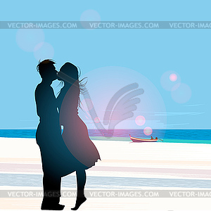 Silhouette of couple in love kissing against beach - vector image