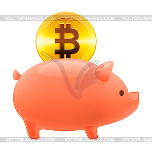 Piggy bank icon, golden bitcoin coin virtual - vector EPS clipart