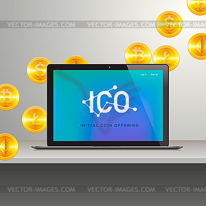 ICO, Laptop with abstract ICO interface on screen. - vector clipart