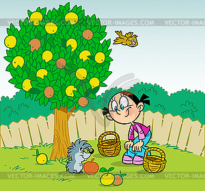 Girl and hedgehog in the garden - vector image