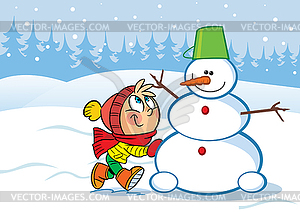 Little girl and snowman - vector image