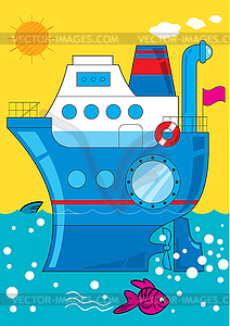 Cartoon ship at sea - vector image