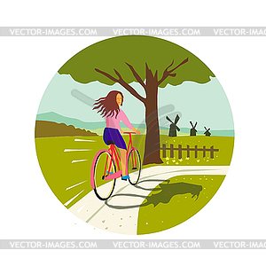 Girl Riding Bicycle Up Tree Circle Retro Vector Clip Art