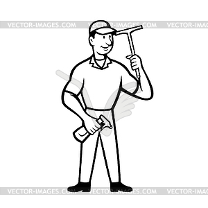 Window Cleaner Holding Squeegee And Spray Bottle Vector Clipart