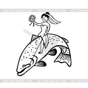 Bride Female Fisherman with Flower Bouquet Riding - vector image