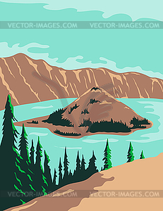 Национальный парк Кратер-Лейк в округе Кламат, штат Орегон - изображение в векторном виде