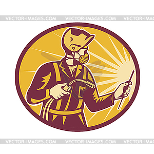 Welder Wearing Face Mask Holding Welding Torch Retro - vector image