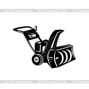 Snow Blower or Snow Thrower Cartoon Retro Woodcut - vector image