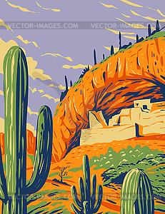 Salado-Style Cliff Dwelling and Saguaro Cactus in - vector clip art
