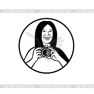 Female Photographer Holding DSLR Camera Smiling - vector EPS clipart