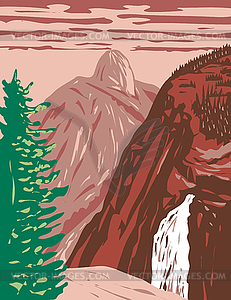 Illilouette Falls with Half Dome on Illilouette - vector image