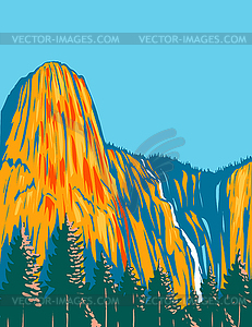 Sentinel Falls and Giant Monolith Sentinel Rock - vector image