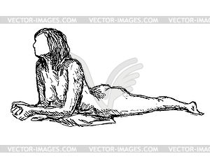 Обнаженная модель женской фигуры позирует лежа на локтях Сид - клипарт в векторе / векторное изображение